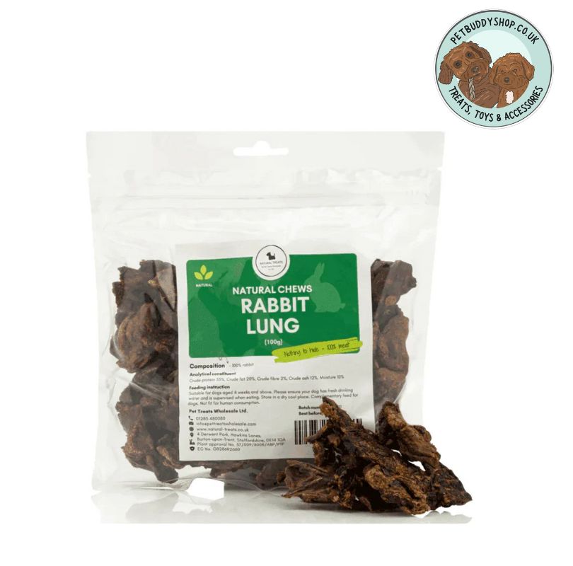 Package of natural dog chews labeled 'Rabbit Lung' on a green label and a white background with the PetBuddy logo in the top right hand corner.