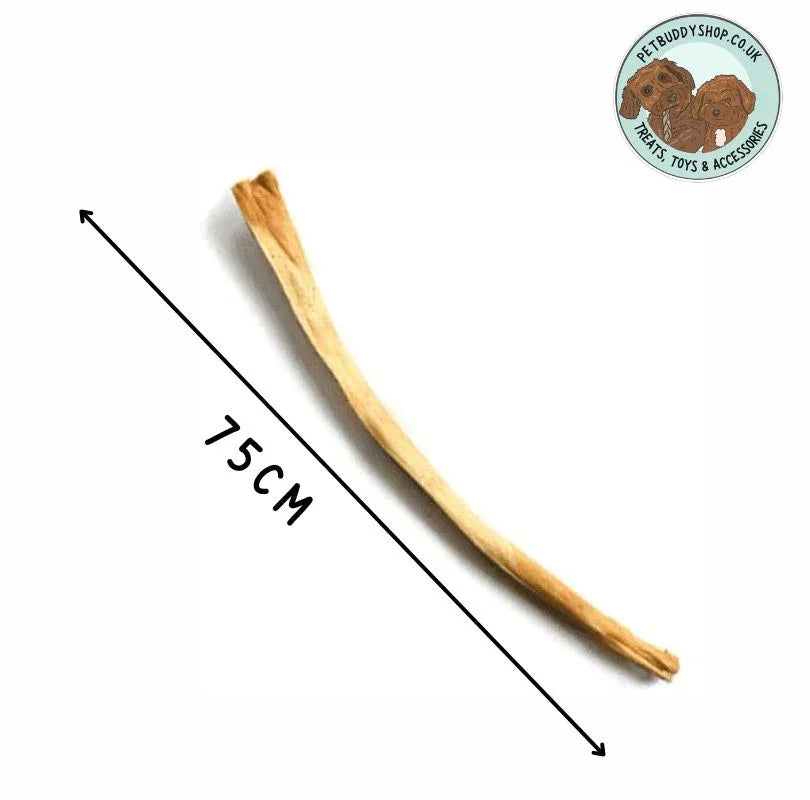 Large piece of Beef Slice dog chew with an arrow running along side which reads 75cm on a white background, featuring the PetBuddy logo.