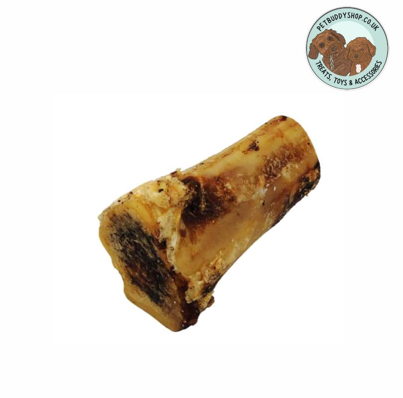 Large Beef Marrow bone dog treat on a white background with the PetBuddy logo in the top right hand corner.