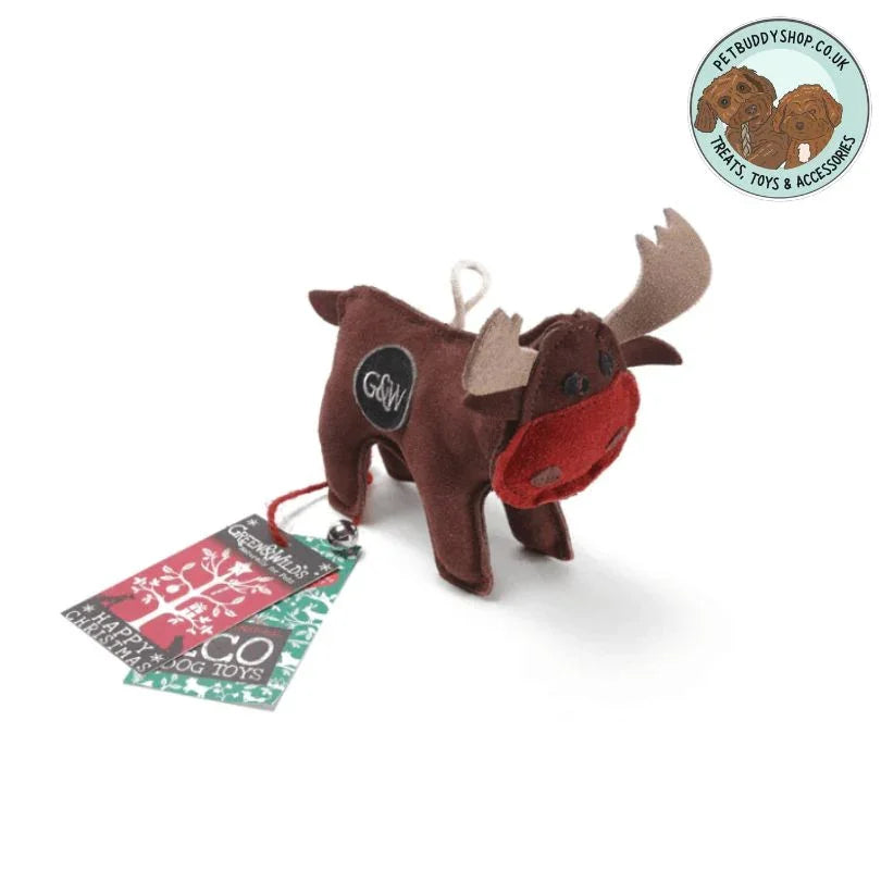 Suede Reindeer dog toy that is brown with a large red nose and suede antlers on a white background.