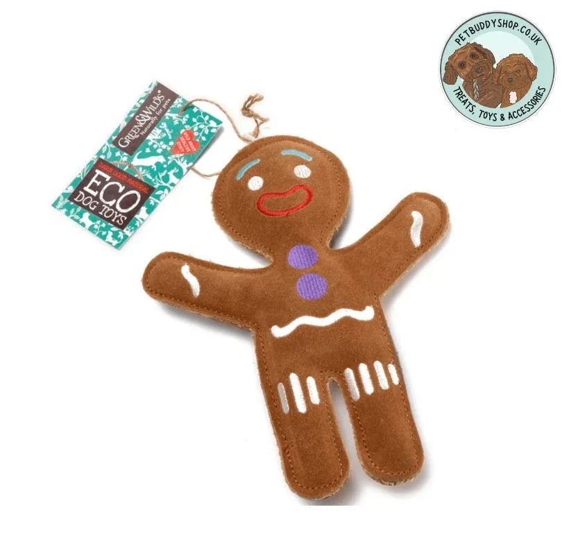Gingerbread man dog toy with 'ECO Dog Toys' packaging on a white background