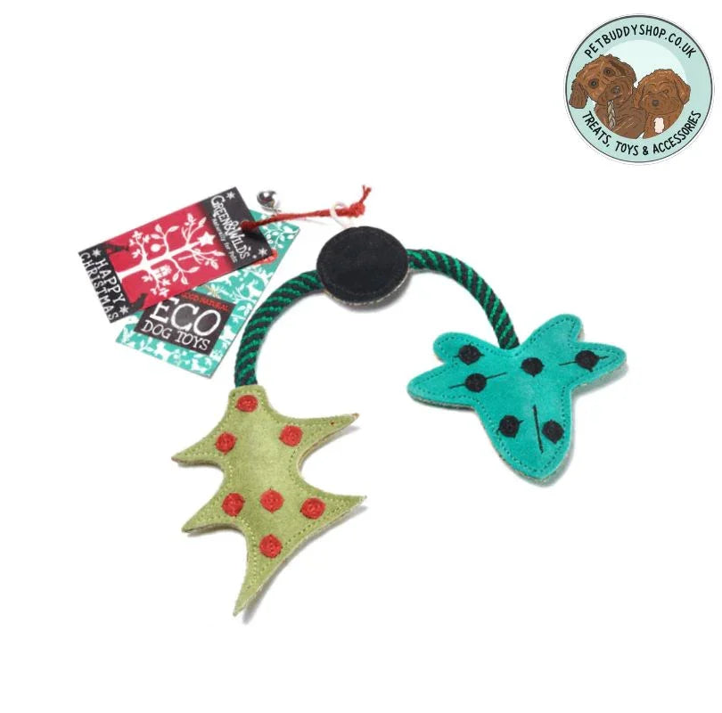 Dog toy with green and teal Christmas holly and ivy shapes connected by a green and black striped rope on a white background.