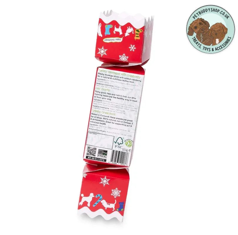 Red and white Christmas Cracker with ingredients labelling on the packaging on a white background