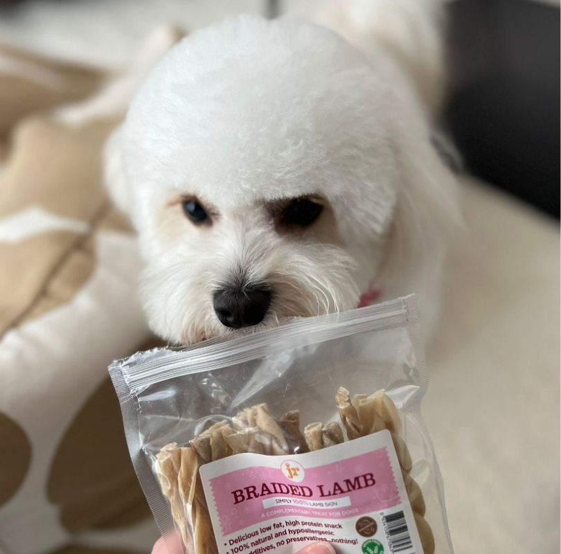 JR Pet Products Braided Lamb Skin dog treats, the perfect odourless dog chew. 