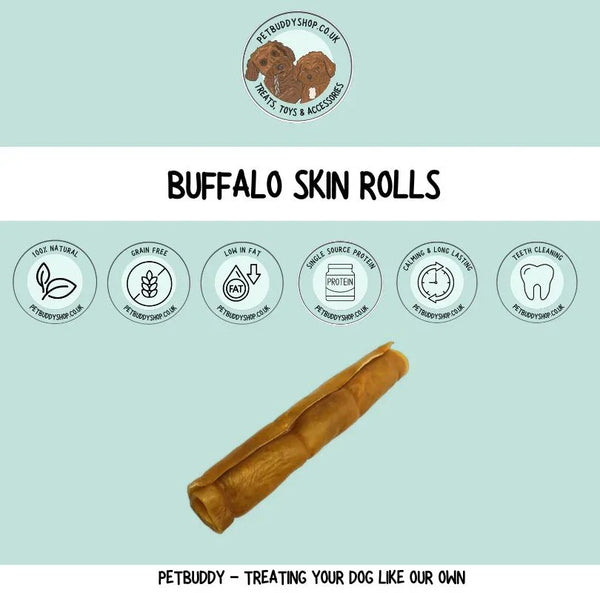 Buffalo Skin Roll Dog Chew – 100% natural buffalo skin for dogs, low-fat, long lasting chew, ideal for sensitive stomachs, available at PetBuddy.