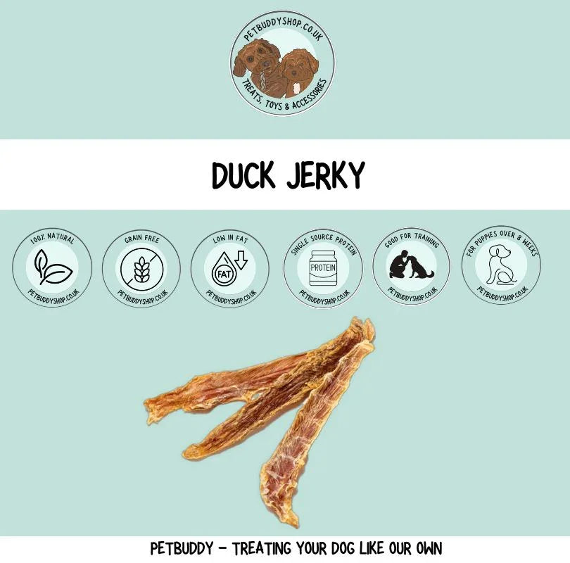 Natural air-dried Duck Jerky – 100% natural Duck Jerky  for dogs, low-fat, great dog training treat ideal for sensitive stomachs, available at PetBuddy.