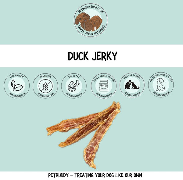 Natural air-dried Duck Jerky – 100% natural Duck Jerky  for dogs, low-fat, great dog training treat ideal for sensitive stomachs, available at PetBuddy.