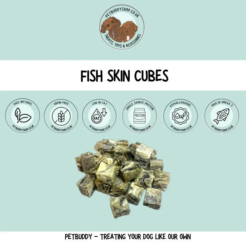 Natural Fish Skin Cubes dog treats, perfect as a dog training treat.