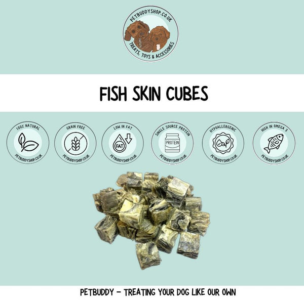Natural Fish Skin Cubes dog treats, perfect as a dog training treat.