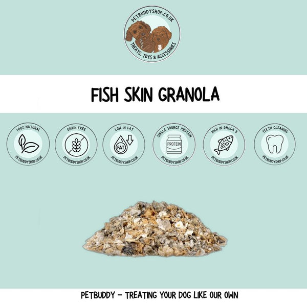 JR Pet Products Fish Skin Granola – 100% natural fish skin flakes for dogs, perfect as a topper and full of omega 3&6, available at PetBuddy.