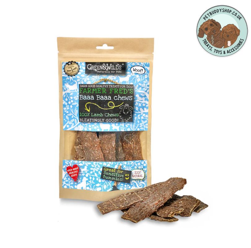 Green & Wilds Baaa Baaa Chews, delicious soft lamb jerky perfect as an anytime dog treat, available at PetBuddy.
