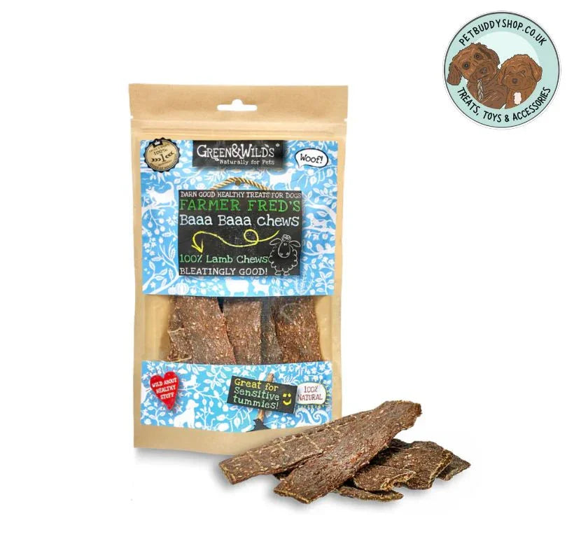 Green & Wilds Baaa Baaa Chews, delicious soft lamb jerky perfect as an anytime dog treat, available at PetBuddy.