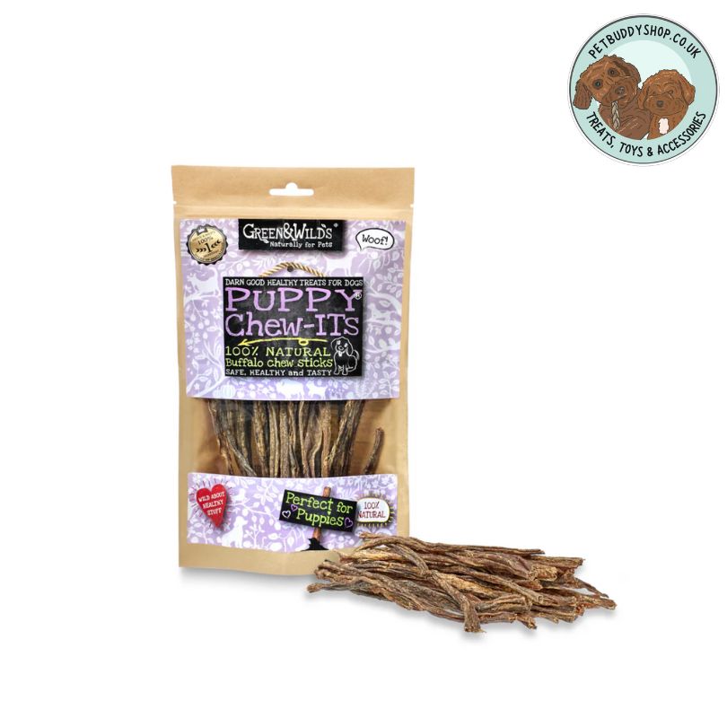 Green & Wilds Puppy Chew It's, made from 100% air-dried buffalo meat, the perfect natural intro chew for puppies, available now at PetBuddy. 