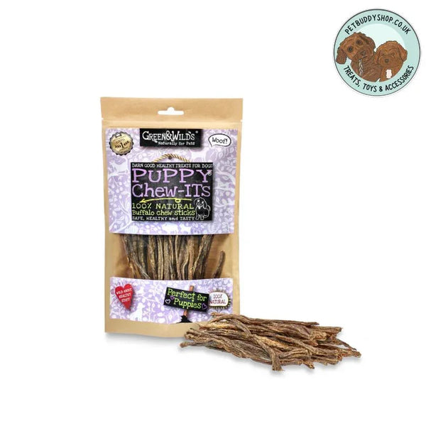 Green & Wilds Puppy Chew It's, made from 100% air-dried buffalo meat, the perfect natural intro chew for puppies, available now at PetBuddy. 