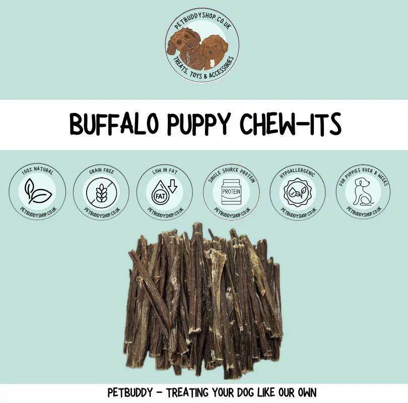 Green & Wilds Puppy Chew It's, made from 100% air-dried buffalo meat, the perfect natural intro chew for puppies.
