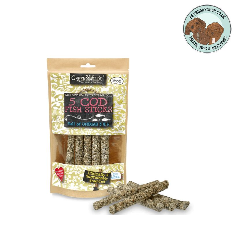 Green & Wilds Cod Fish Sticks, a delicious anytime natural fish dog treat.  
