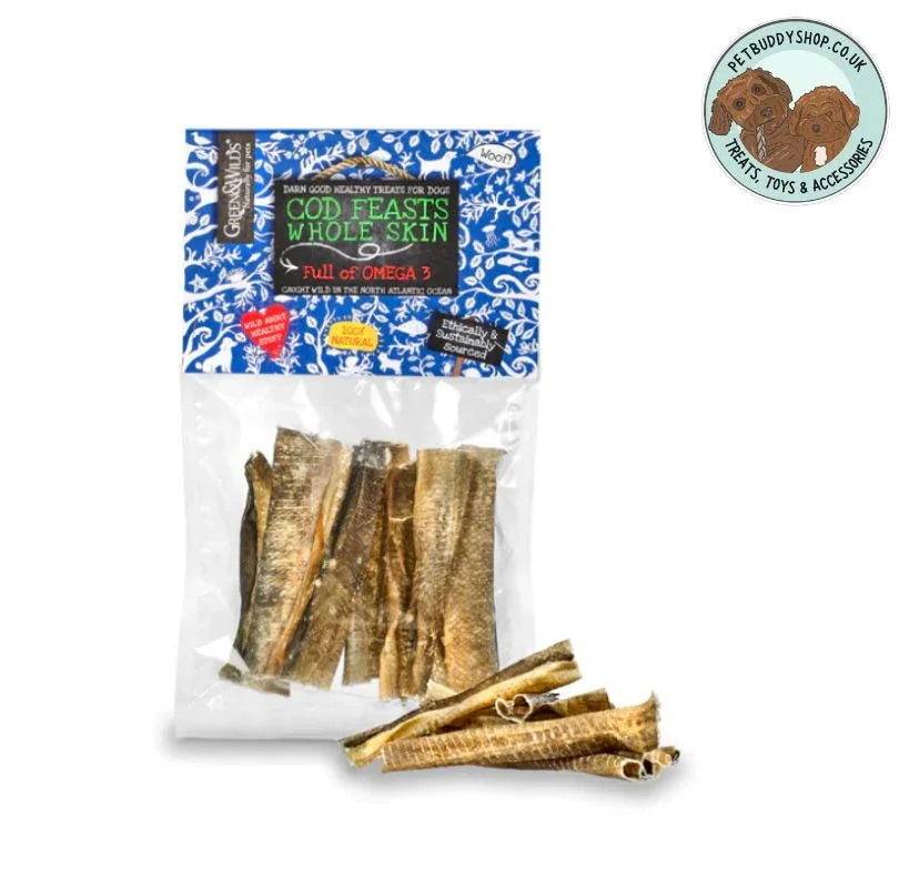 Green & Wilds Cod Skin Feasts Dog Treats from PetBuddy. Amazing for teeth cleaning and full of omega 3.