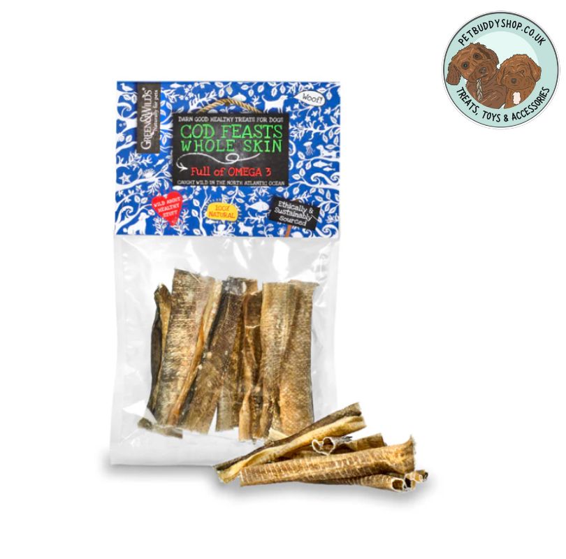 Green & Wilds Cod Skin Feasts Dog Treats from PetBuddy. Amazing for teeth cleaning and full of omega 3.