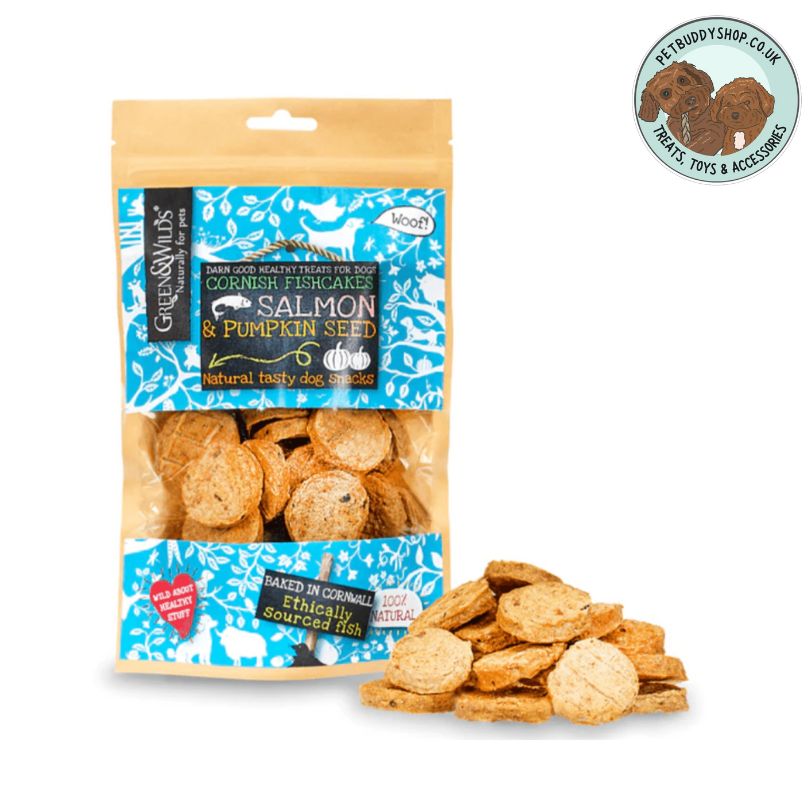 Cornish Fishcakes with Salmon and Pumpkin Seeds, natural, cookie shaped and tasty dog treats that are great for digestion. 