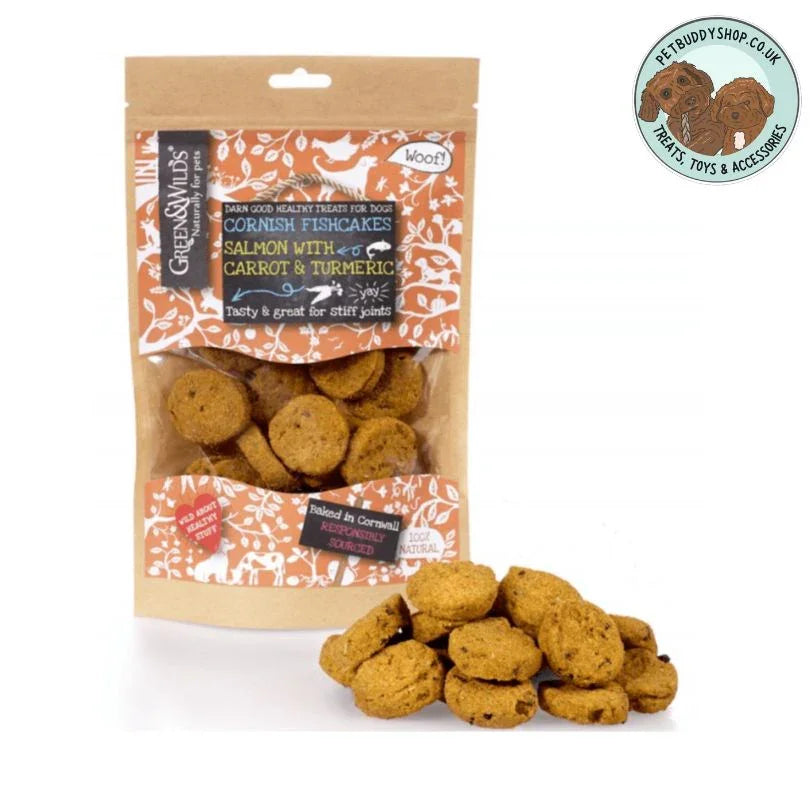Green & Wilds Cornish Fishcakes with Salmon Carrot & Turmeric Dog Treats, amazing for your dog's joints, available from PetBuddy