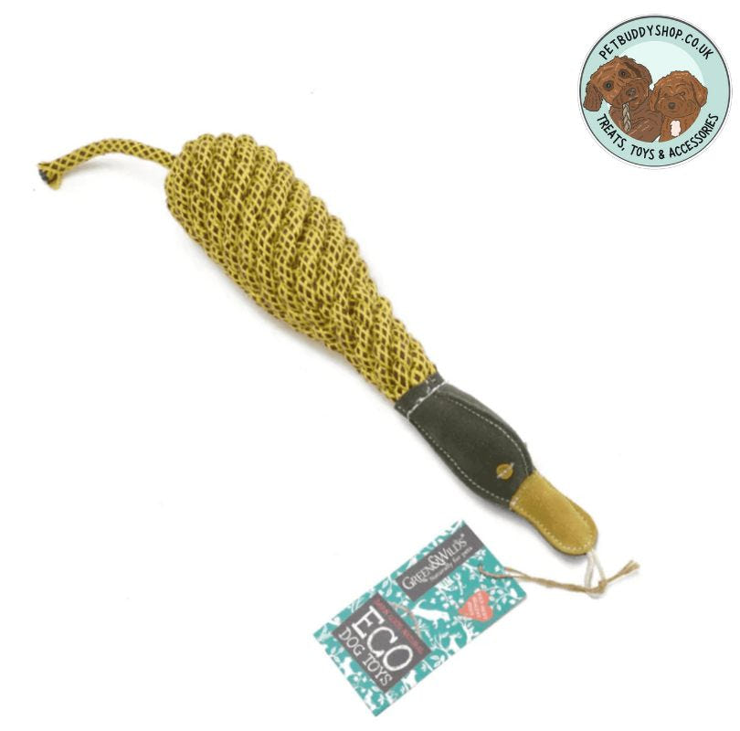 Green and Wilds Delilah Duckess Eco Dog Toy, with a recycled plastic bottle inside and made from jute and suede, Delilah is the perfect tough dog toy.
