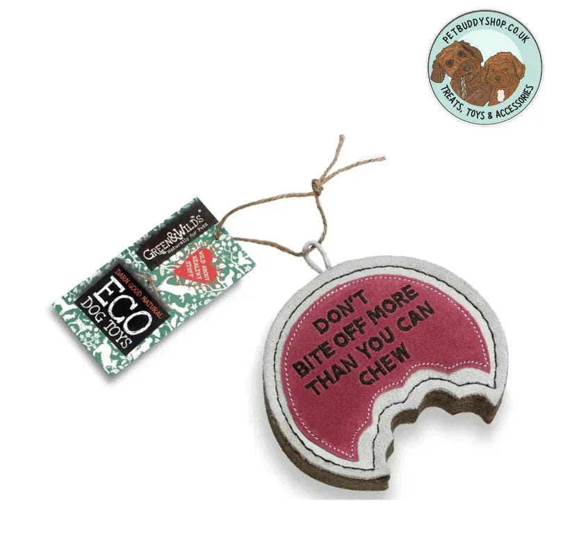 Green & Wild’s Don't Bite off More Than You Can Chew Eco Dog Toy – fun dog toy made from natural jute and suede, durable, non-toxic, and plastic-free, eco-friendly dog toys from PetBuddy.