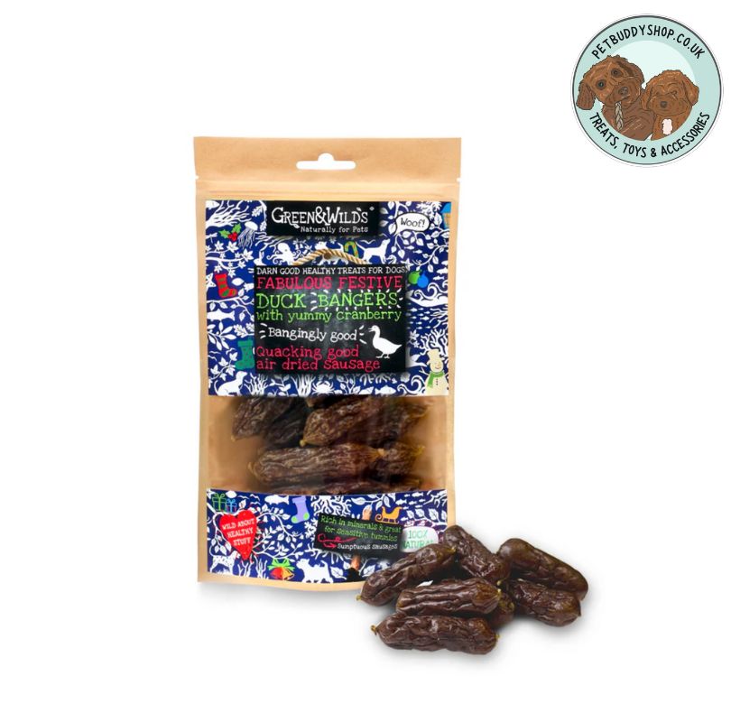 Green & Wilds Duck Bangers with Cranberry, a fabulously festive natural dog treat perfect for Christmas.