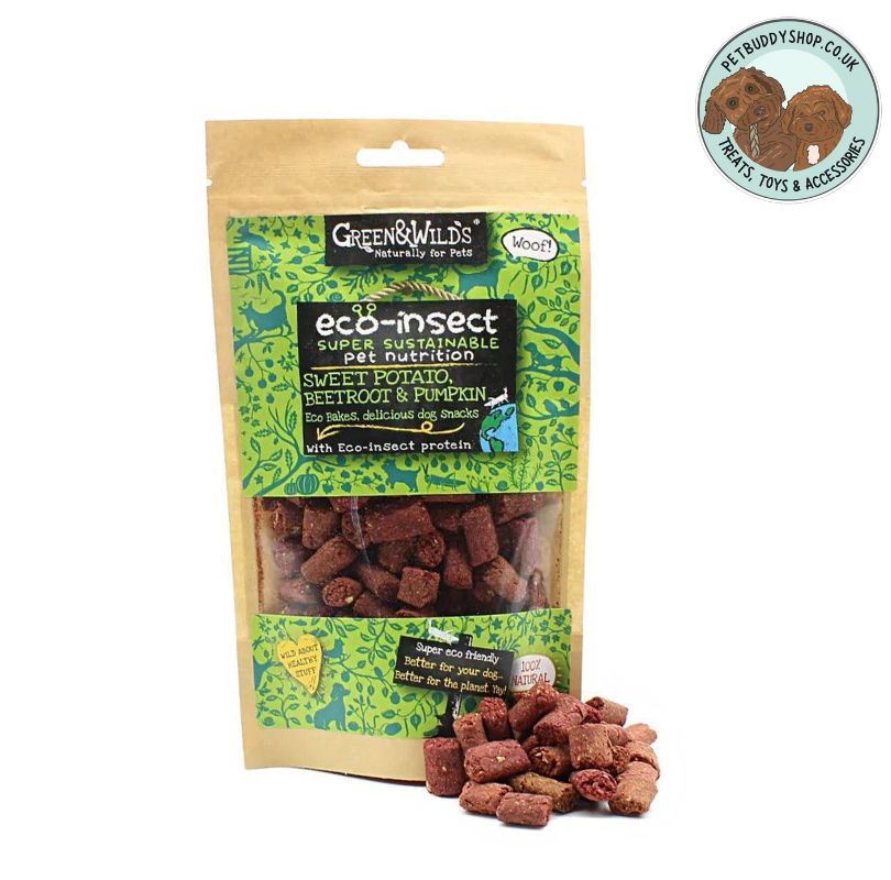 Green & Wilds Eco Insect Bakes, a perfect sustainable dog training treat containing ground mealworms, fly larvae, sweet potato, beetroot and pumpkin. 