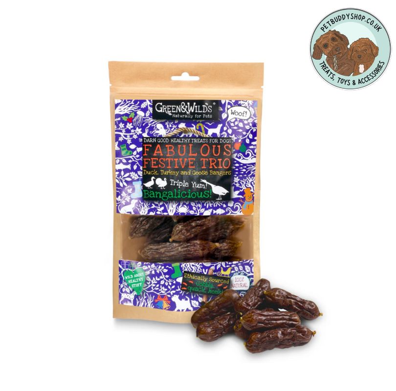 Green & Wilds Fabulous Festive Trio, delicious turkey, duck and goose sausages that will makes your dog's Christmas complete! 