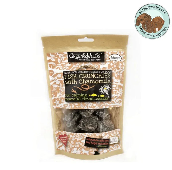 Green & Wilds Fish Crunchies with Chamomile – 100% natural calming fish skin treats for dogs, a low-fat, delicious treat, ideal for training dogs of all sizes and breeds, available at PetBuddy.