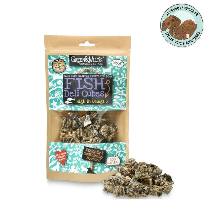 Green & Wilds Fish Deli Cubes Dog Treats – 100% natural fish skin cubes for dogs, low-fat, training treats, full of omega 3&6 and great for teeth cleaning, available at PetBuddy.