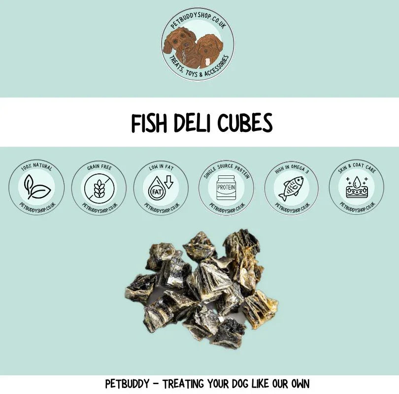 Green & Wilds Fish Deli Cubes Dog Treats – 100% natural fish skin cubes for dogs, low-fat, training treats, full of omega 3&6 and great for teeth cleaning.