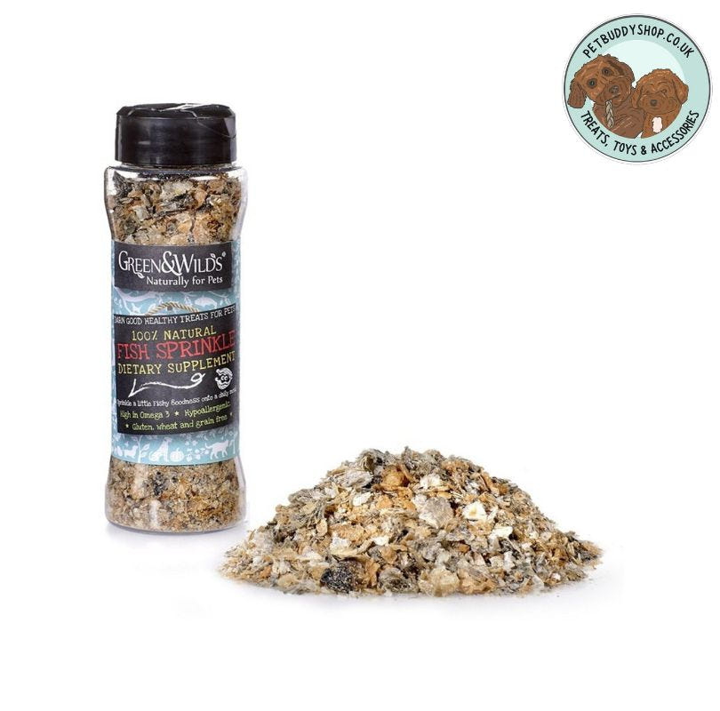Green  & Wilds Fish Sprinkles Topper, 100% ground fish skin which makes an amazing food topper to tempt even the fussiest of dogs. 