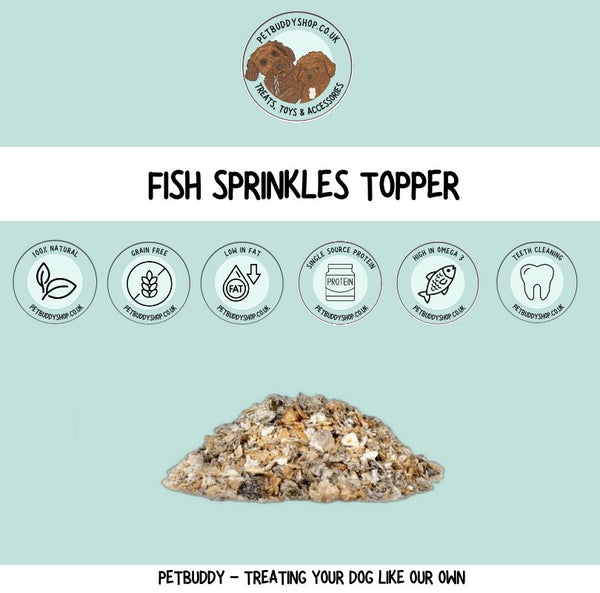 Green  & Wilds Fish Sprinkles Topper, 100% ground fish skin which makes an amazing food topper to tempt even the fussiest of dogs. 