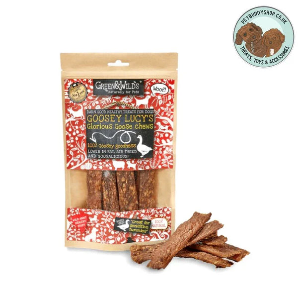 Green & Wilds Goose Chews natural dog treats, 100% natural and air-dried goose jerky, perfect as an anytime treat for dogs of all breeds and sizes, available at PetBuddy.