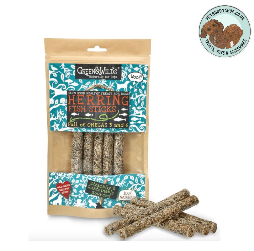 Green & Wilds Herring Fish Sticks, full of omega 3&6 and a natural dog treat suitable for all breeds and sizes. 