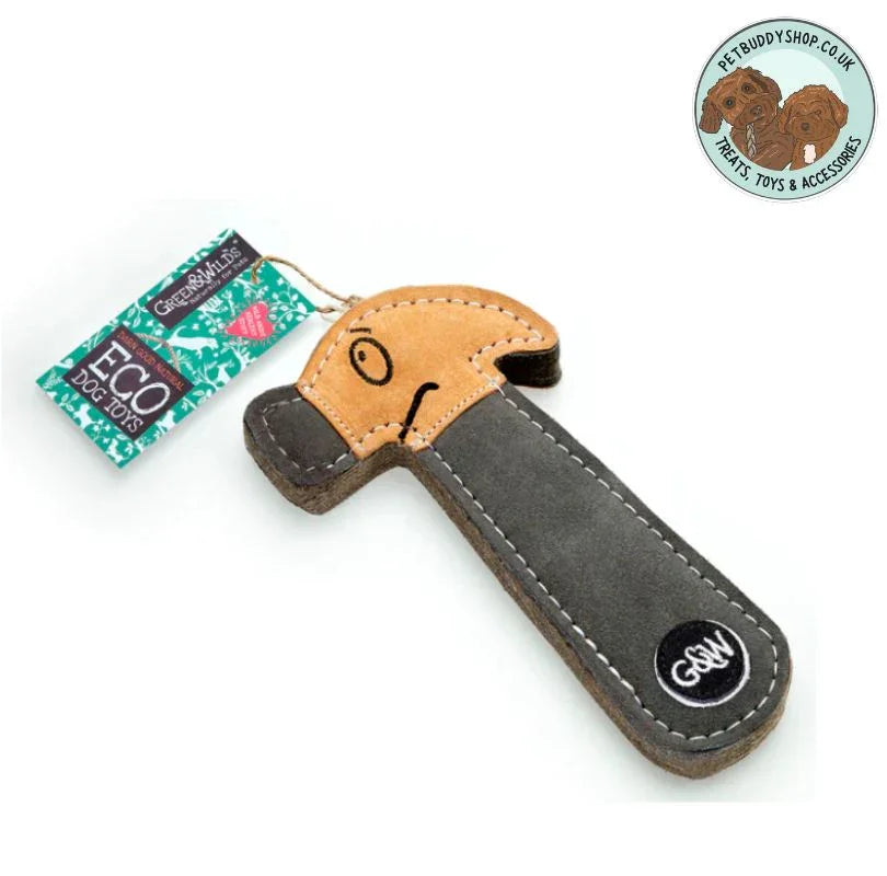 Green & Wilds Hugo the hammer Eco Dog Toy made from Suede and Jute. A perfect gift for your dog from PetBuddy that's great for playing fetch with. 