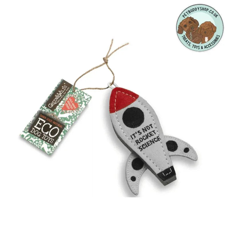 Green & Wild’s It's Not Rocket Science Eco Dog Toy – cute rocket dog toy made from natural jute and suede, durable, non-toxic, and plastic-free, eco-friendly gift for dogs from PetBuddy.