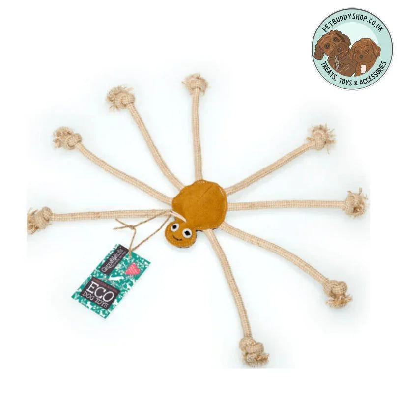 Green & Wilds Lily Longlegs Eco Dog Toy made from Suede and Jute. A perfect gift for your dog from PetBuddy that's great for playing fetch and tug with. 