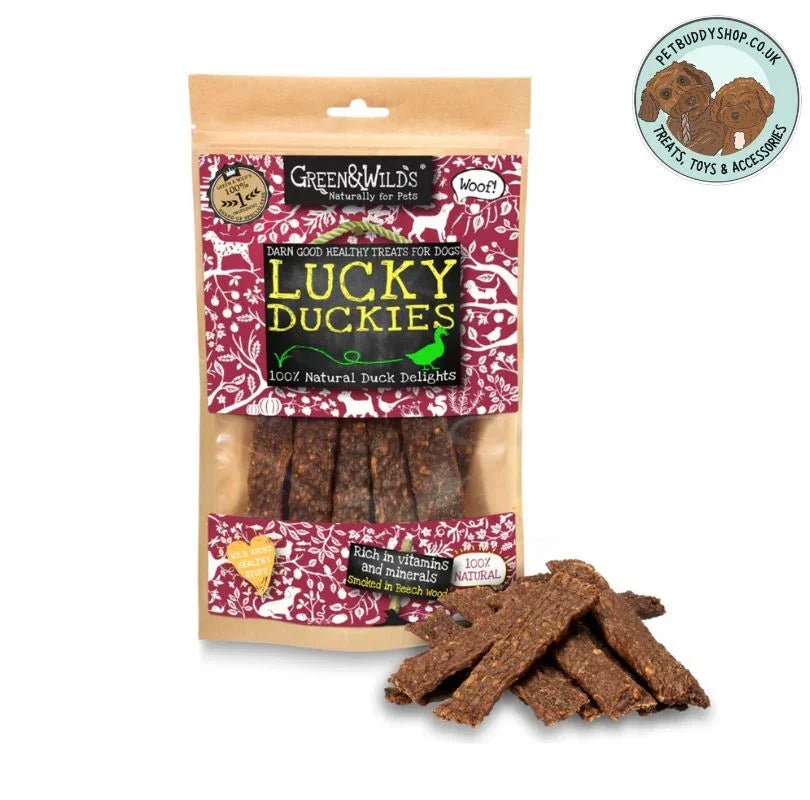 Green & Wilds Lucky Duckies Dog Treats, a delicious single source protein jerky for dogs.