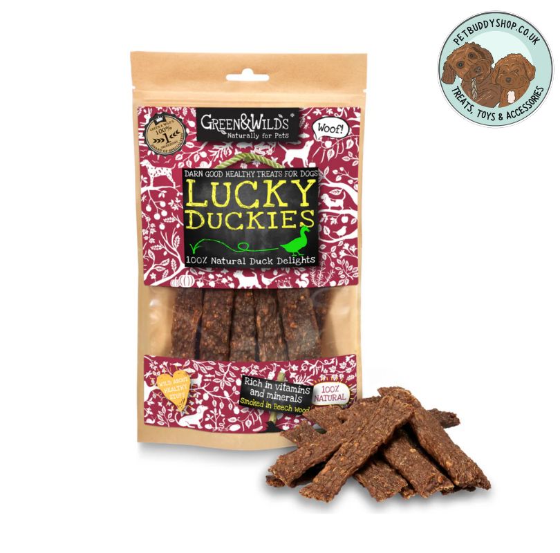 Green & Wilds Lucky Duckies Dog Treats, a delicious single source protein jerky for dogs.