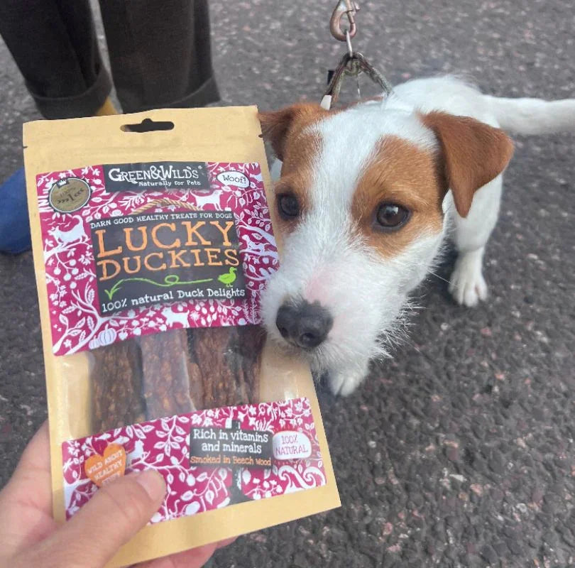 Green & Wilds Lucky Duckies Dog Treats, a delicious single source protein jerky for dogs.