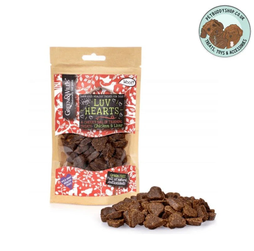 Green & Wilds Luv Hearts, the perfect little training or on the go treats for dogs. Made with chicken and liver, they're soft, easy to break up, delicious and available now at PetBuddy.