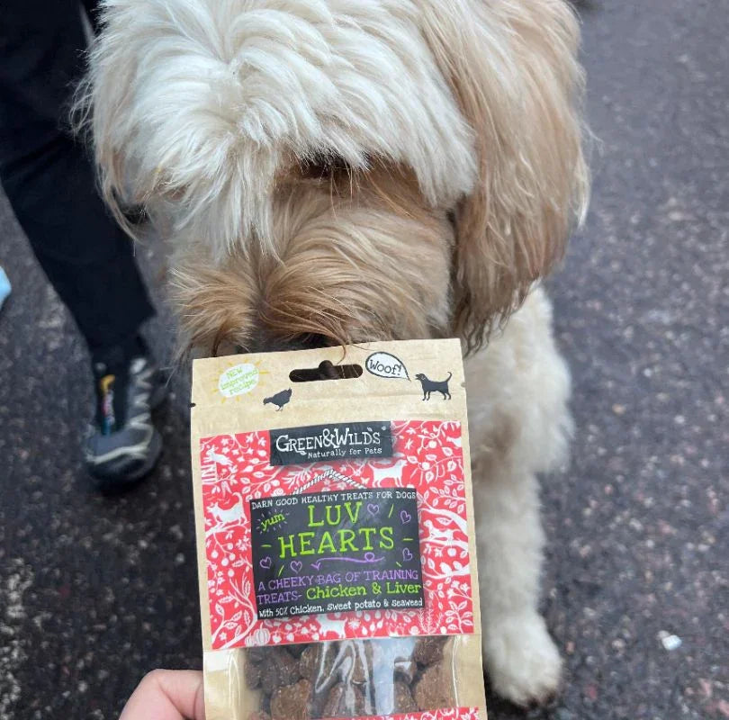 Green & Wilds Luv Hearts, the perfect little training or on the go treats for dogs. Made with chicken and liver, they're soft, delicious and available now at PetBuddy.