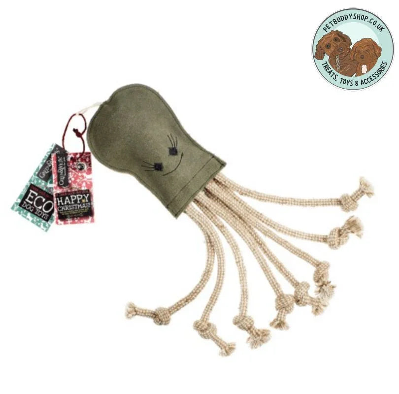Green & Wilds Olive Octopus Eco Dog Toy, with an internal recycled plastic bottle and 8 rope legs, olive is a great tough dog toy.