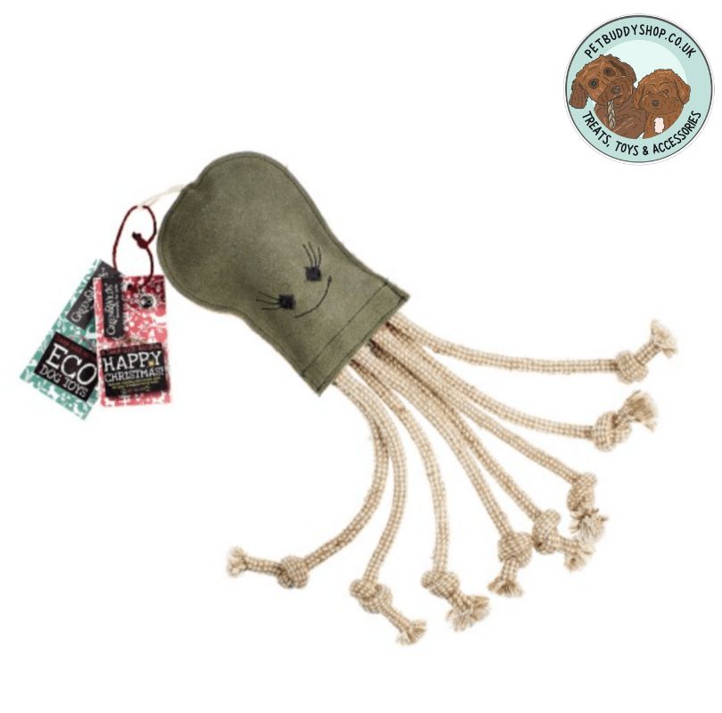 Green & Wilds Olive Octopus Eco Dog Toy, with an internal recycled plastic bottle and 8 rope legs, olive is a great tough dog toy.