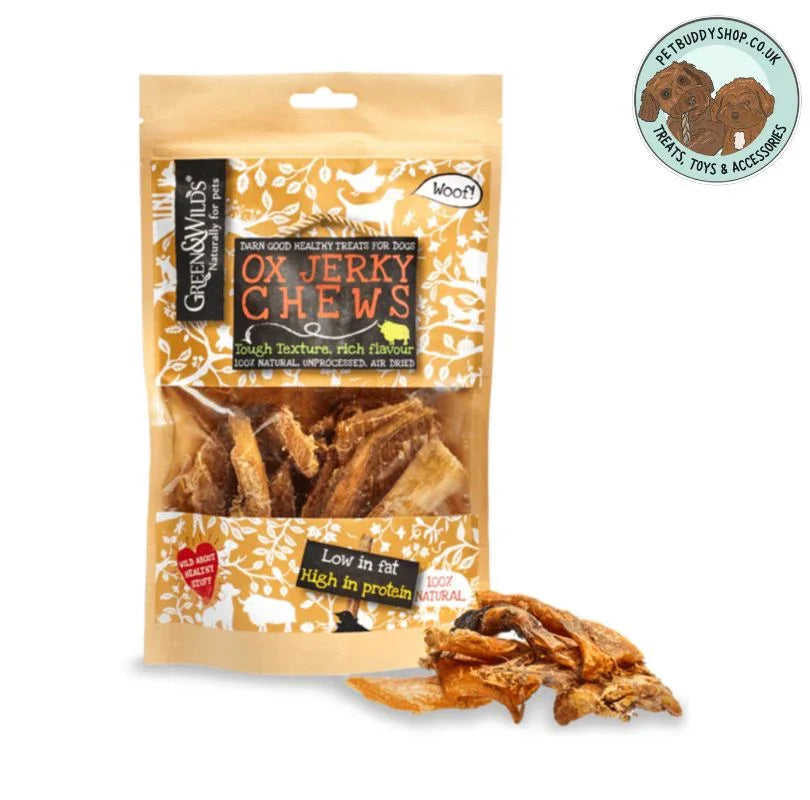 Green & Wilds Ox Jerky Dog Treats, a delicious and 100% natural chew for all dogs, available now at PetBuddy.