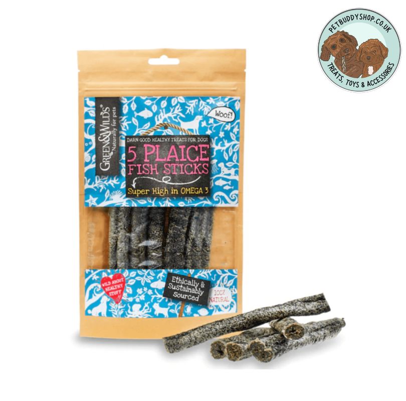 Green & Wilds Plaice Fish Sticks dog treats. Packed Omega 3, hypoallergenic and a perfect fish dog chew.