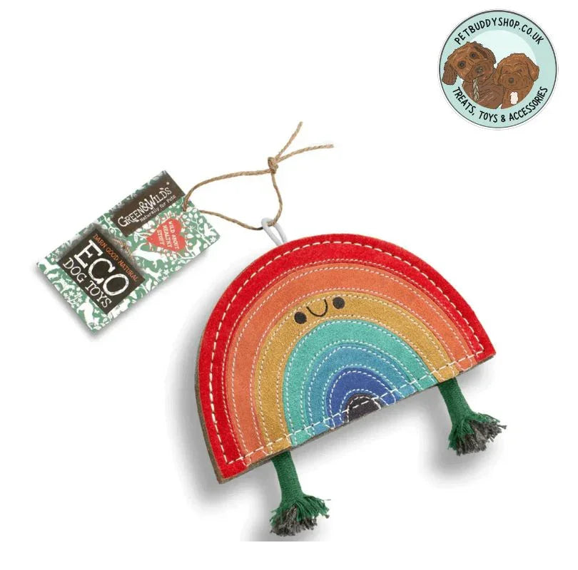 Green & Wild’s Rainbow Warrior Eco Dog Toy – a fun Rainbow dog toy with legs made from natural jute and suede, durable, non-toxic, and plastic-free, eco-friendly dog toys from PetBuddy.