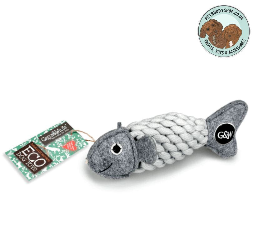 Green & Wilds Roger Ropefish Eco Dog Toy. With a recycled bottle inside, it's a great toy for playtime and enrichment.